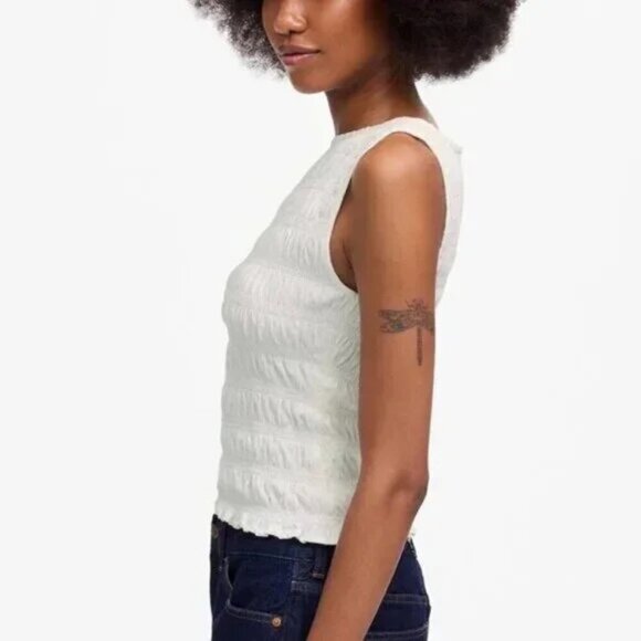 Madewell Smocked Cotton Linen Blend Ruffle Hem Boatneck Tank White Size XXS NWT - Picture 3 of 10